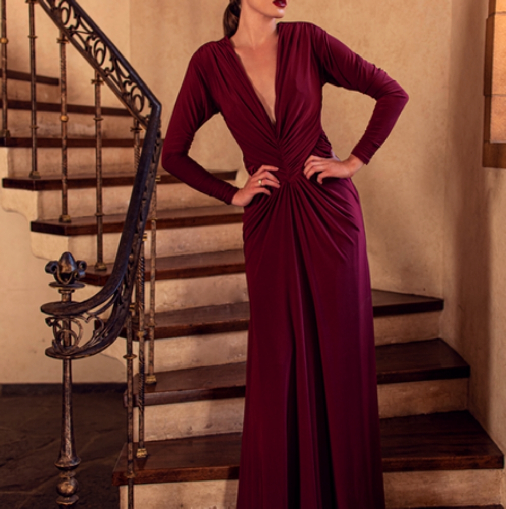 La Femme En Noir Art Deco Rusched Gown in Crimson